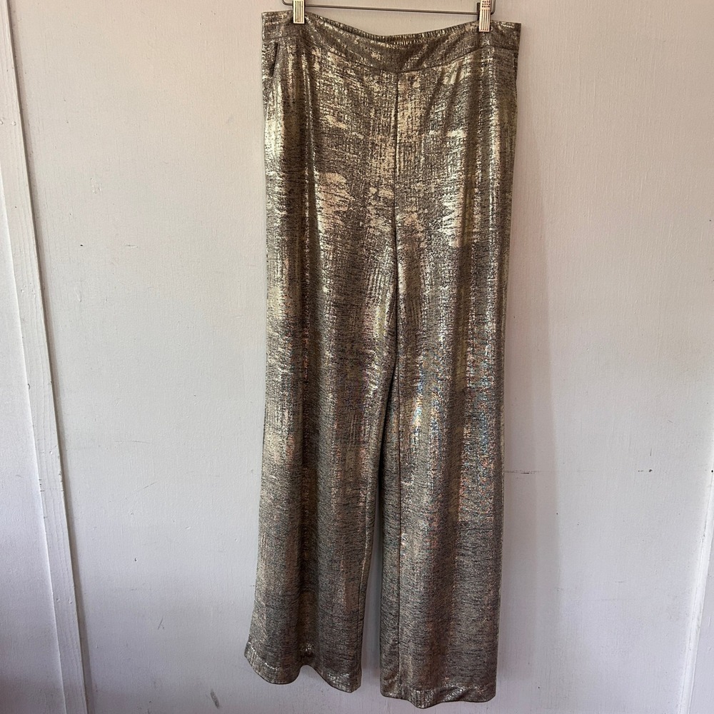 New York & Company Pull On Pants Women Large Gold Metallic Wide Leg Holiday Glam